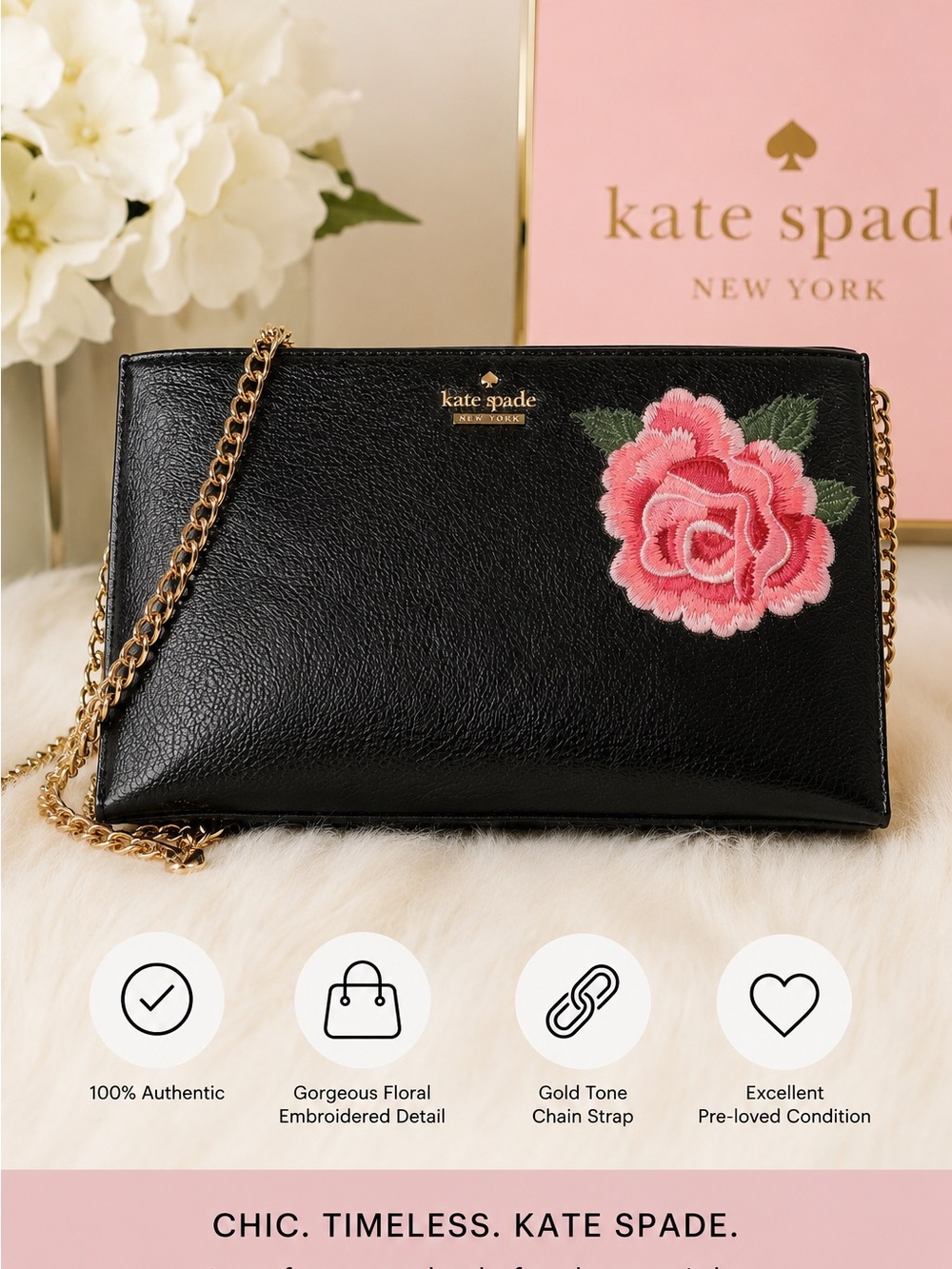 Kate Spade New York Blk Floral Embroidered Crossbody Clutch Purse  gold chain